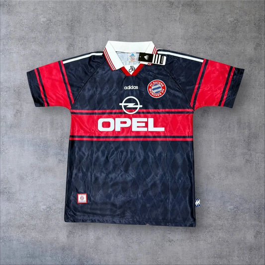 Vintage Bayern jersey with Adidas and Opel logos with a red horizontal stripe and a dark grey foundation