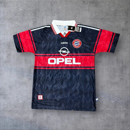 Vintage Bayern jersey with Adidas and Opel logos with a red horizontal stripe and a dark grey foundation